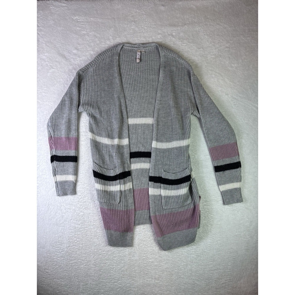 MISA Women's Striped Rib-Knit Open Front V-Neck Cardigan Sweater Pockets L